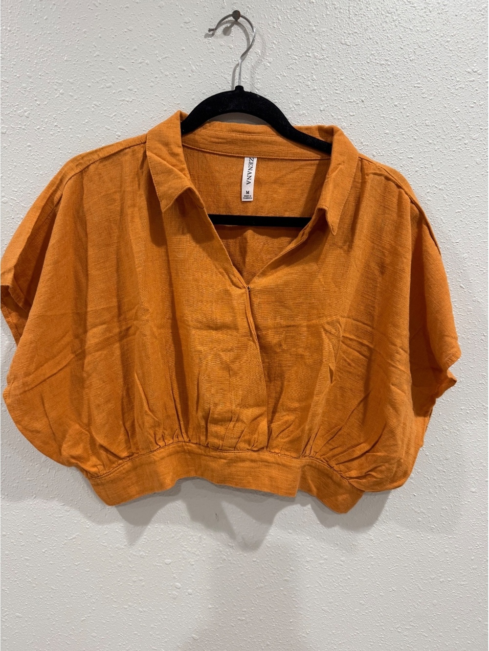 Zenana Rust Orange Cropped Button Front Blouse M Dolman Sleeve Boho